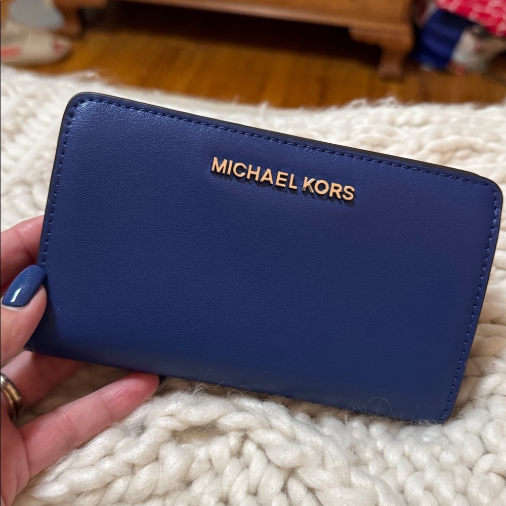 Michael Kors Cobalt Blue Leather Wallet with Silver Accents